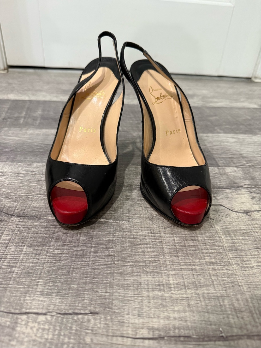 Christian Louboutin Black Leather Peep-Toe Slingback Heels with Red Toe